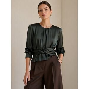 Burberry London Silk Blouse Dressy Top Olive Green Designer UL 10 US 8 Fitted
